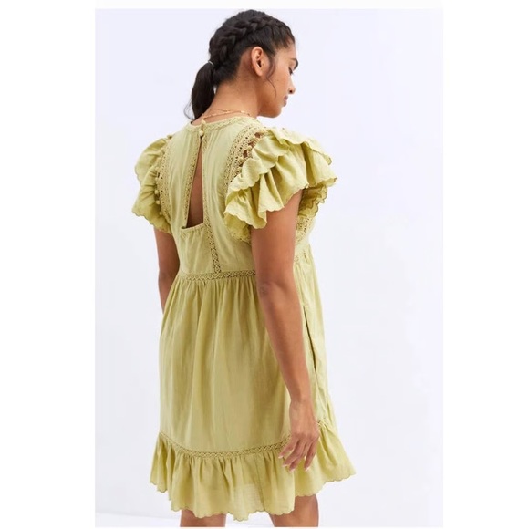 By Anthropologie Ruffled Boho Lace Sagebrush Green 100% Cotton Boho Mini Dress M - Picture 3 of 17